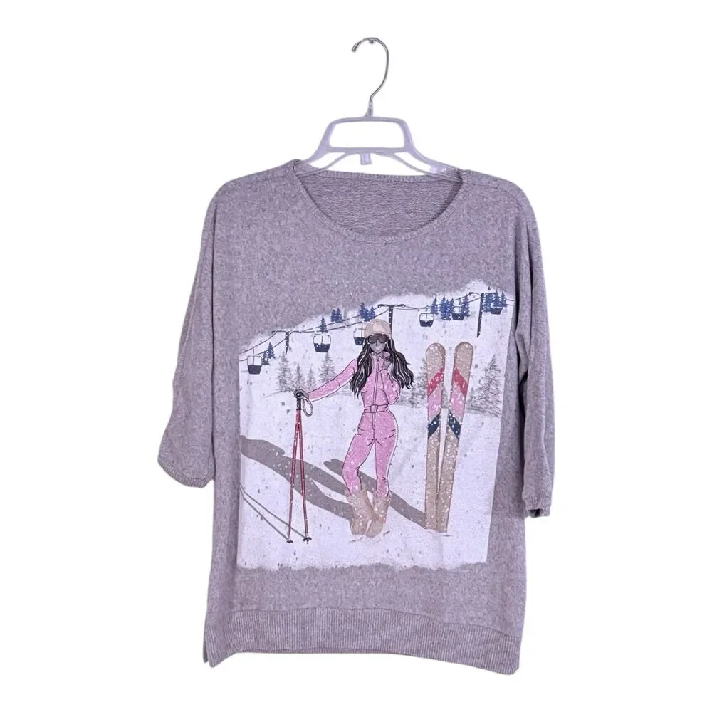 LOVE + LACE Top Women’s M Gray 3/4 Sleeve Bling Skii Season Graphic Sweater